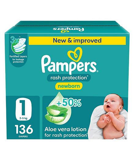 Pampers Rash Protection Taped Diapers, Size 1, 2-5kg, +50% Aloe Vera Lotion, Jumbo Box, 136 Diapers